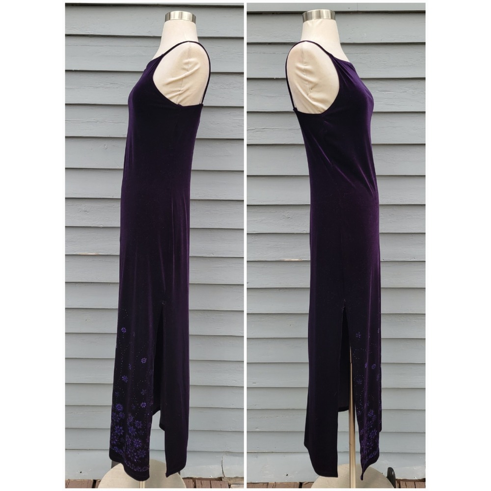 Status Collection Maxi Dress Purple Velvet Glitter Floral Slit Vintage Small - Picture 2 of 9